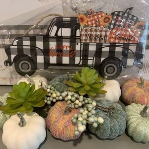 Fall Decor - Happy Harvest Truck Wood Sign Buffalo Check